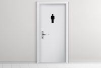 Public toilet male, female visitors entrances 3d realistic vector with corridor with tilled floor and two white doors with metal handles and man, woman pictogram illustration. Gender concept template