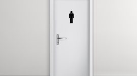 Public toilet male, female visitors entrances 3d realistic vector with corridor with tilled floor and two white doors with metal handles and man, woman pictogram illustration. Gender concept template