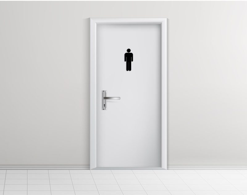 Public toilet male, female visitors entrances 3d realistic vector with corridor with tilled floor and two white doors with metal handles and man, woman pictogram illustration. Gender concept template